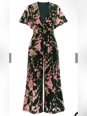 Dark Green Velvet Wide-Leg Jumpsuit with Pink Floral Print